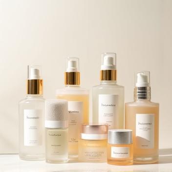 Assortment of skincare product bottles, representing serums, toners, and lotions